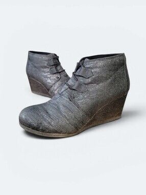 Toms Kala Black Sparkle Lace Up Wedge Booties Size 8